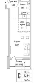 Студия квартира, вторичка, 35м2, 6/9 этаж