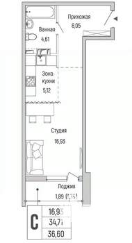 Студия квартира, вторичка, 37м2, 5/9 этаж