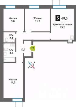 3-к квартира, вторичка, 68м2, 4/9 этаж