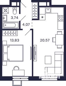 1-к квартира, строящийся дом, 44м2, 19/28 этаж