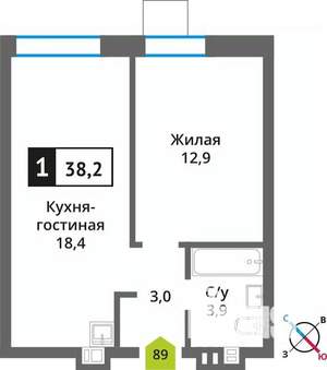 1-к квартира, вторичка, 38м2, 5/9 этаж