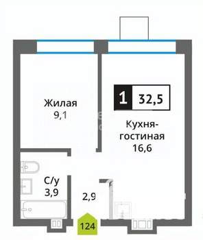 1-к квартира, вторичка, 33м2, 3/9 этаж