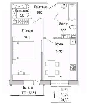 1-к квартира, вторичка, 49м2, 7/9 этаж