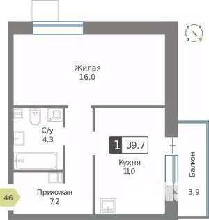 1-к квартира, строящийся дом, 40м2, 9/9 этаж
