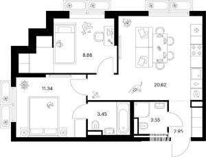 2-к квартира, вторичка, 52м2, 5/9 этаж