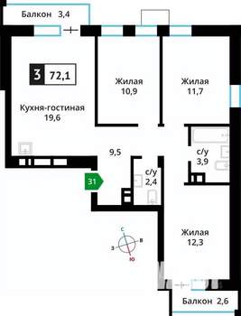 3-к квартира, вторичка, 72м2, 2/6 этаж