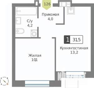 1-к квартира, строящийся дом, 32м2, 5/9 этаж