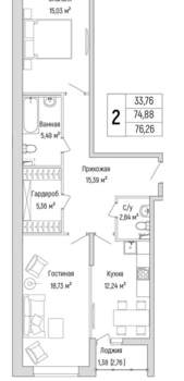 2-к квартира, вторичка, 76м2, 1/9 этаж