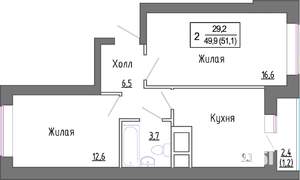 2-к квартира, строящийся дом, 51м2, 3/4 этаж