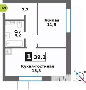 1-к квартира, вторичка, 39м2, 5/9 этаж