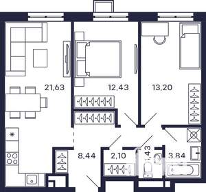 2-к квартира, строящийся дом, 63м2, 26/28 этаж
