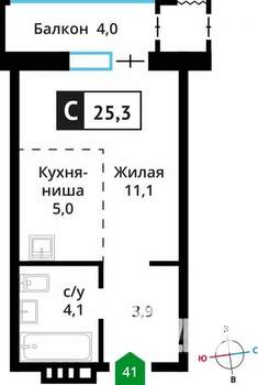 Студия квартира, вторичка, 25м2, 4/6 этаж