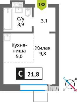 1-к квартира, вторичка, 22м2, 2/9 этаж