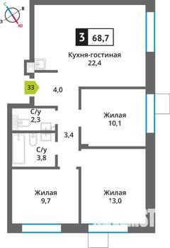 3-к квартира, вторичка, 69м2, 5/9 этаж