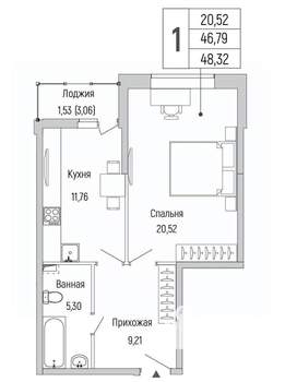 1-к квартира, вторичка, 48м2, 2/9 этаж