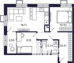 2-к квартира, строящийся дом, 56м2, 26/28 этаж