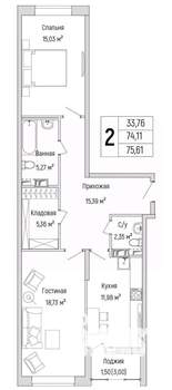 2-к квартира, вторичка, 76м2, 6/9 этаж