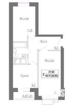 2-к квартира, строящийся дом, 51м2, 4/4 этаж