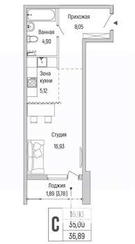 Студия квартира, вторичка, 37м2, 2/9 этаж