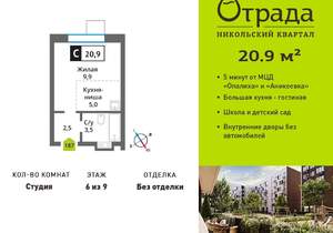 Студия квартира, вторичка, 21м2, 6/9 этаж