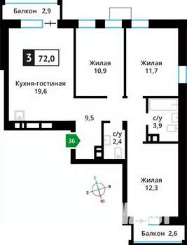 3-к квартира, вторичка, 72м2, 3/6 этаж