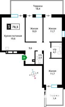 3-к квартира, строящийся дом, 78м2, 1/6 этаж