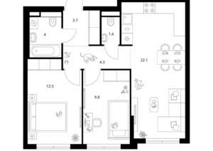 2-к квартира, вторичка, 58м2, 6/9 этаж