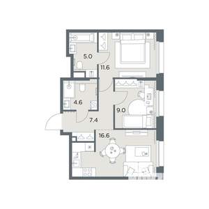 2-к квартира, вторичка, 54м2, 4/6 этаж