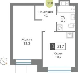 1-к квартира, строящийся дом, 32м2, 2/9 этаж
