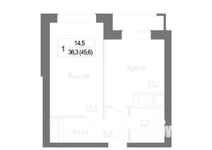 1-к квартира, строящийся дом, 45м2, 2/4 этаж