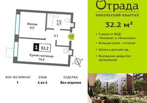 1-к квартира, вторичка, 32м2, 4/9 этаж