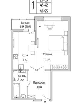 1-к квартира, вторичка, 47м2, 9/9 этаж