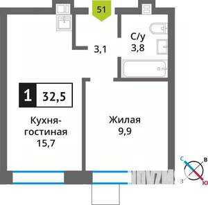 1-к квартира, вторичка, 33м2, 9/9 этаж