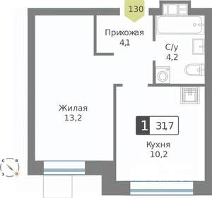 1-к квартира, строящийся дом, 32м2, 6/9 этаж
