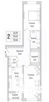 2-к квартира, вторичка, 76м2, 1/9 этаж
