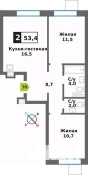 2-к квартира, вторичка, 53м2, 8/9 этаж