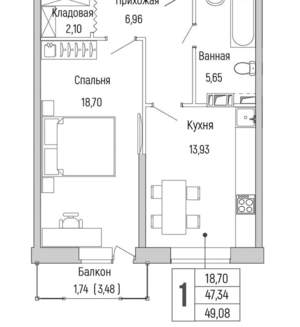 1-к квартира, вторичка, 49м2, 6/9 этаж