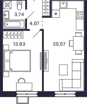 1-к квартира, строящийся дом, 44м2, 18/28 этаж
