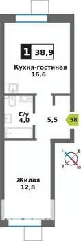 1-к квартира, вторичка, 39м2, 3/9 этаж