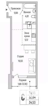 Студия квартира, вторичка, 35м2, 4/9 этаж