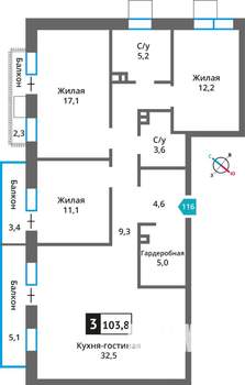 3-к квартира, вторичка, 104м2, 3/6 этаж