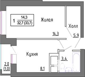 1-к квартира, строящийся дом, 33м2, 3/5 этаж