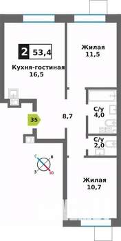 2-к квартира, вторичка, 53м2, 8/9 этаж