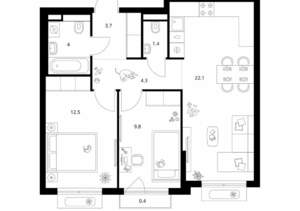 2-к квартира, вторичка, 58м2, 4/9 этаж