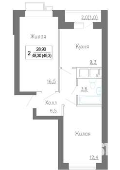 2-к квартира, строящийся дом, 49м2, 1/4 этаж