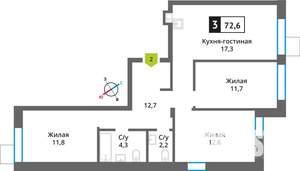 3-к квартира, вторичка, 73м2, 8/9 этаж