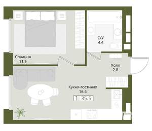 1-к квартира, вторичка, 36м2, 1/8 этаж