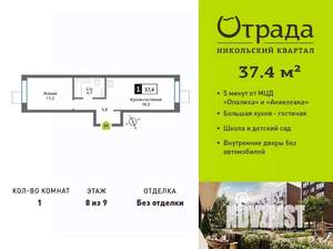 1-к квартира, вторичка, 37м2, 8/9 этаж