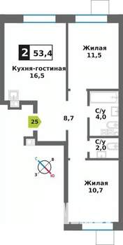 2-к квартира, вторичка, 53м2, 6/9 этаж