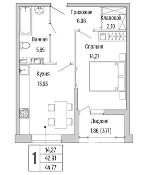 1-к квартира, вторичка, 45м2, 6/9 этаж